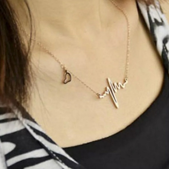 Gold Tone Heartbeat Rhythm Love EKG Necklace - Picture 4 of 4